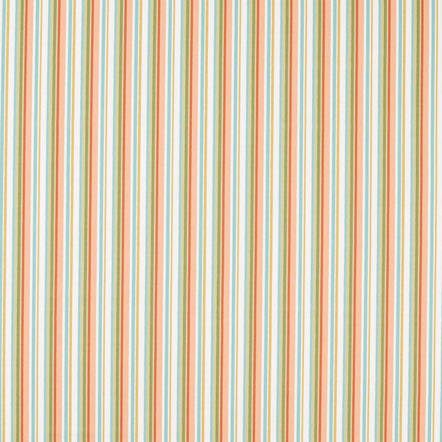 Warm ivory fabric with narrow coral, turquoise, sage and ochre vertical stripes