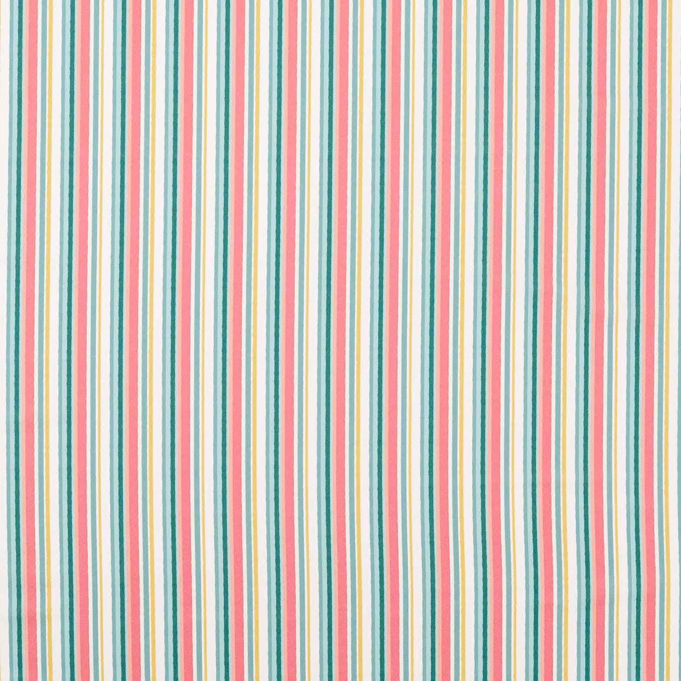 Coral, teal, cream and yellow vertical stripes on a fine woven ground