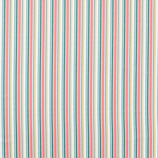 Coral, teal, cream and yellow vertical stripes on a fine woven ground