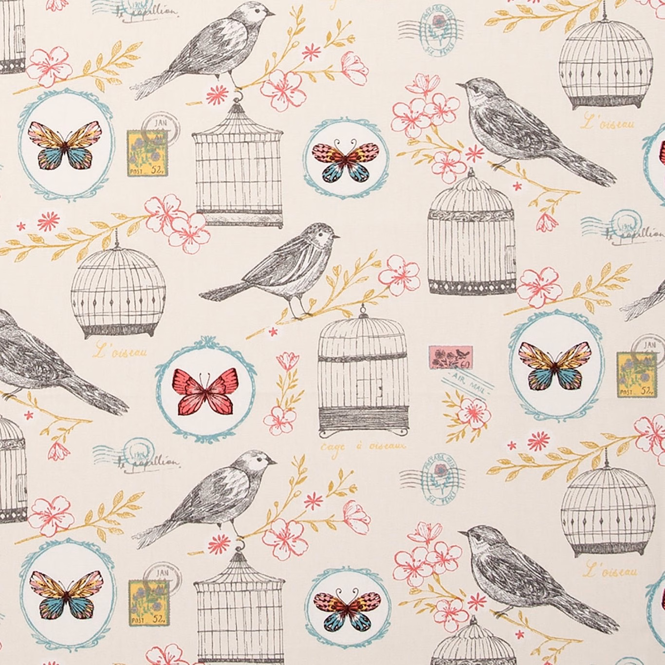 Warm ivory birdcage and bird print with blush blossoms, teal medallions and butterflies
