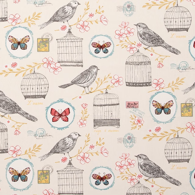 Warm ivory birdcage and bird print with blush blossoms, teal medallions and butterflies