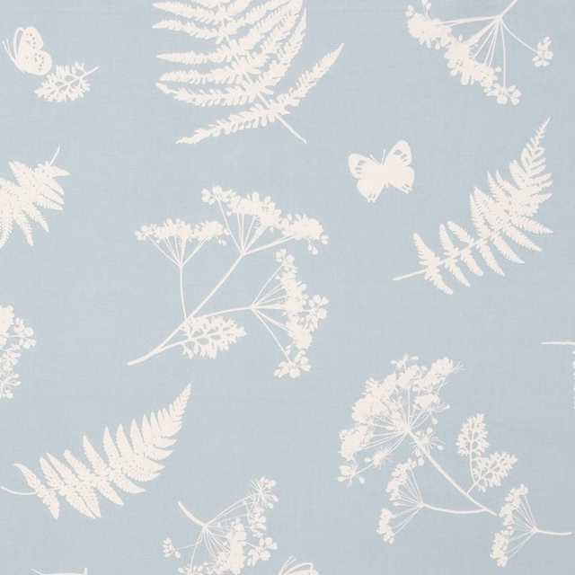 Cool duck-egg blue fabric with ivory fern, butterfly and umbellifer silhouettes