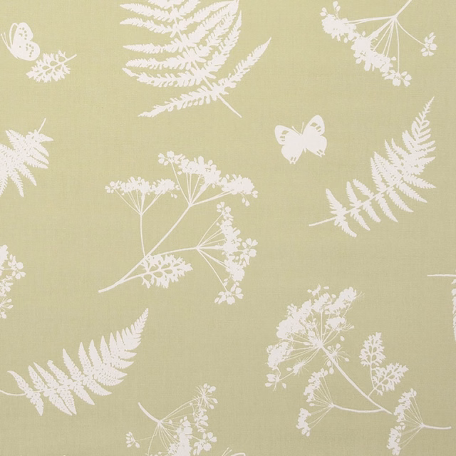 Sage green woven fabric with cream ferns, seed heads and butterfly motifs