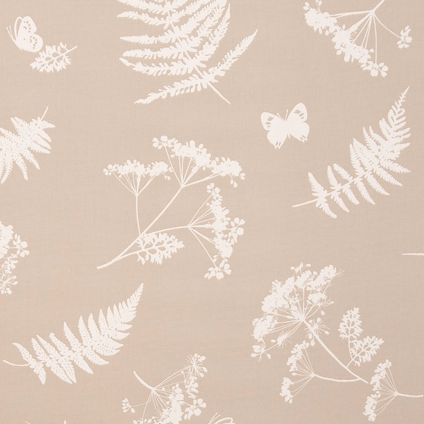 Taupe woven fabric with ivory fern, butterfly and delicate wildflower motifs