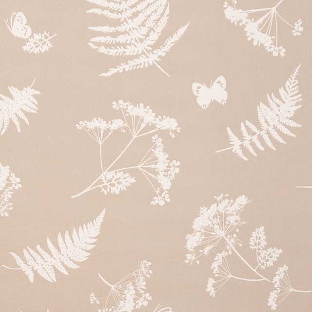 Taupe woven fabric with ivory fern, butterfly and delicate wildflower motifs