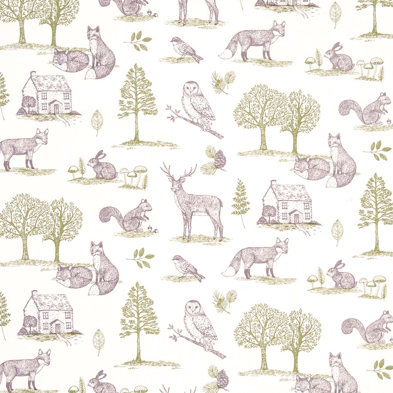 Warm cream woodland fabric with sage trees and lilac-grey foxes, deer and rabbits