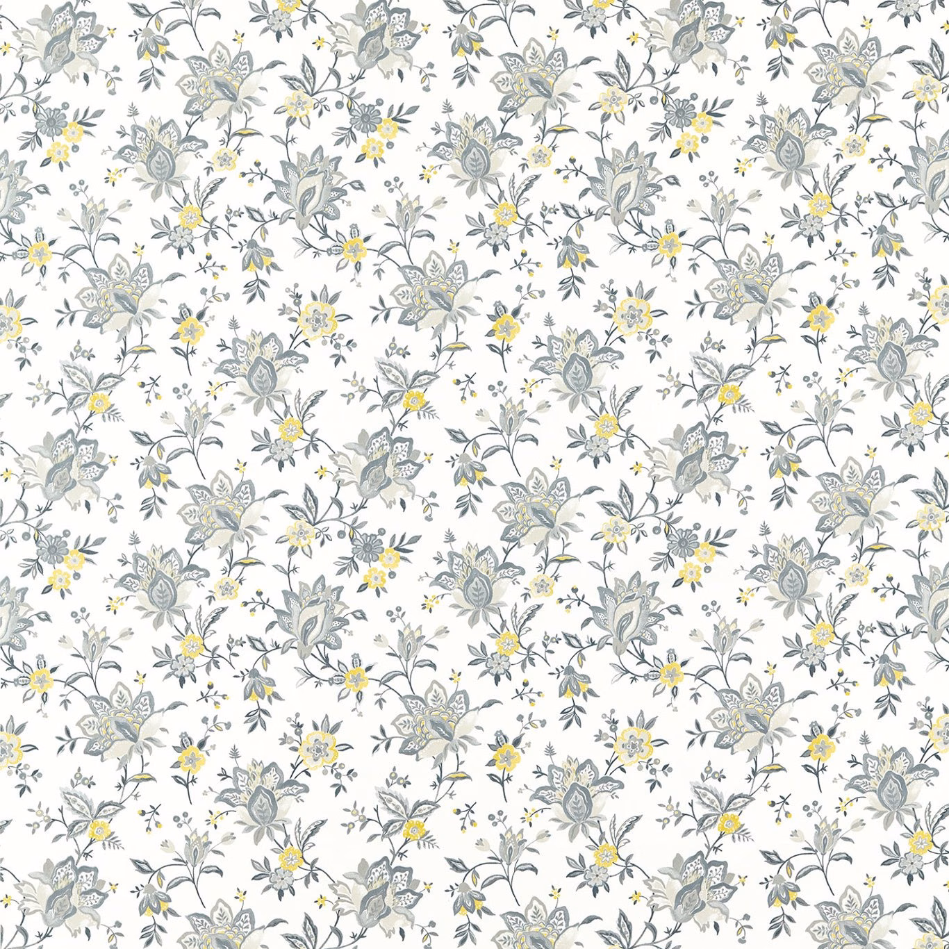 Ivory floral fabric with charcoal foliage, pale grey leaves and chartreuse flower centres