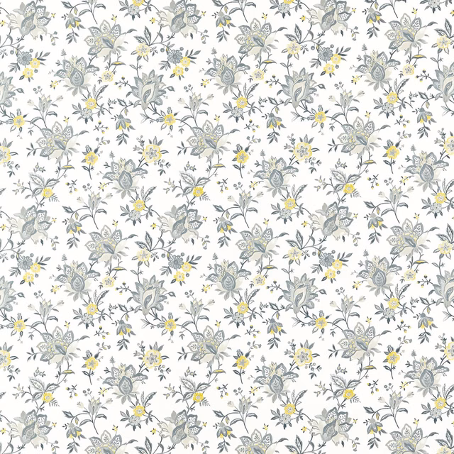 Ivory floral fabric with charcoal foliage, pale grey leaves and chartreuse flower centres