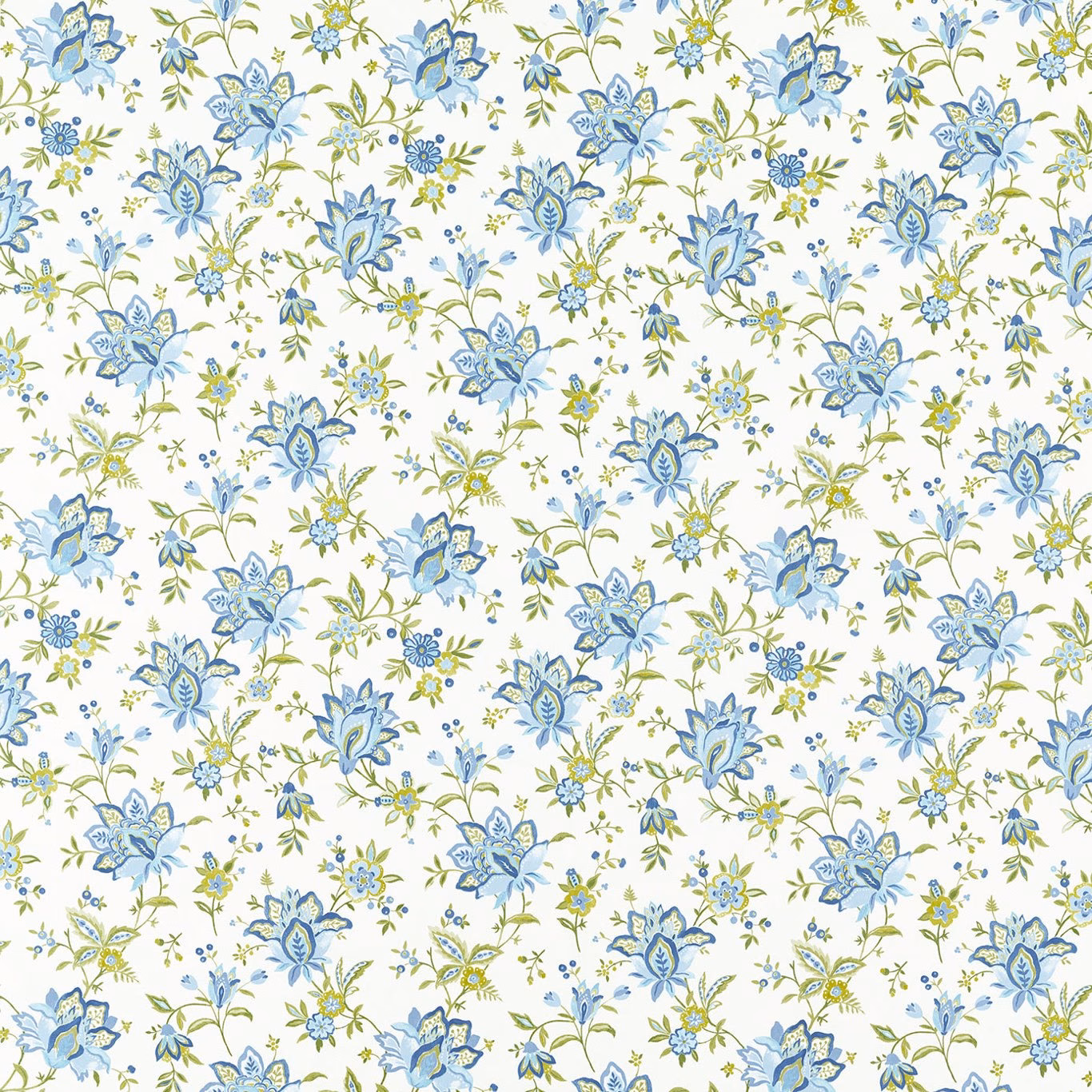 Ivory fabric with scattered denim-blue flowers and olive botanical sprigs