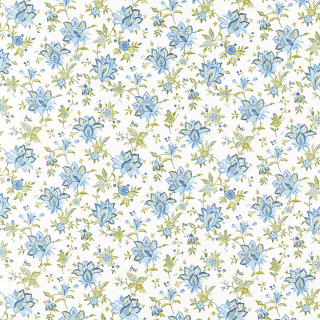 Ivory fabric with scattered denim-blue flowers and olive botanical sprigs
