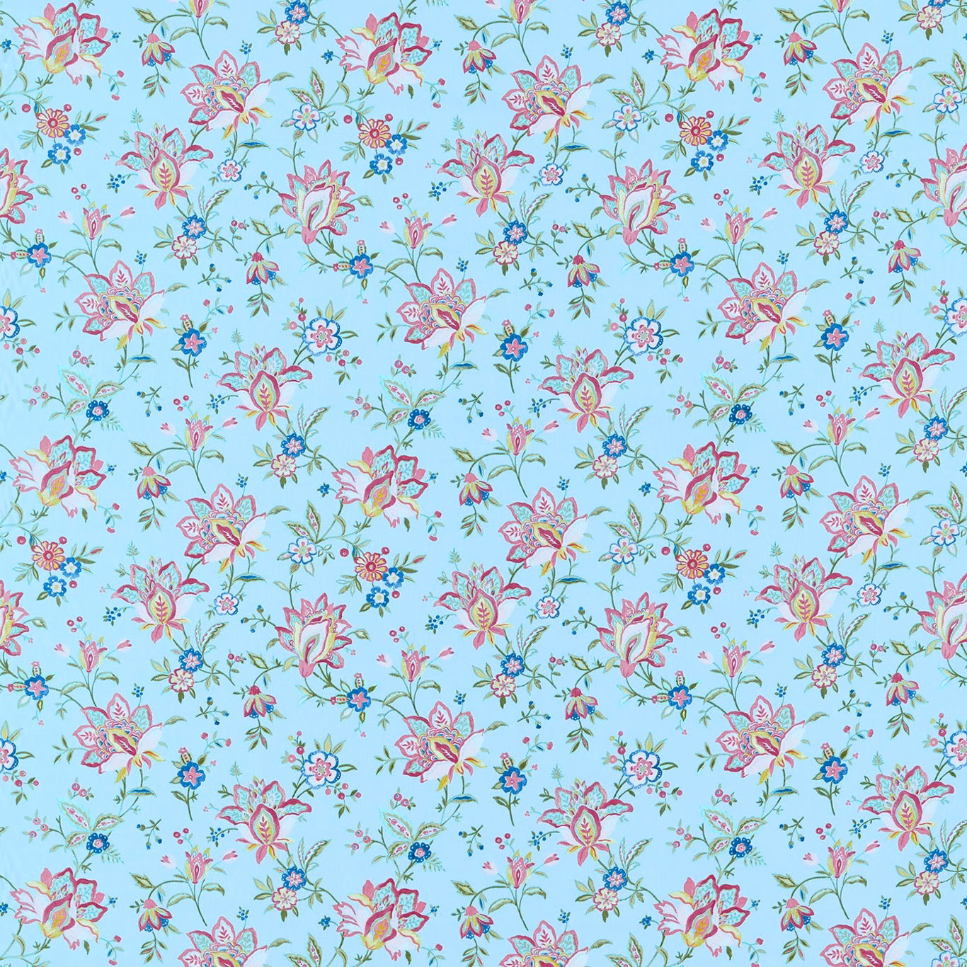 Mineral aqua floral fabric with blush blooms, green stems and scattered blue flowers