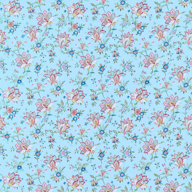 Mineral aqua floral fabric with blush blooms, green stems and scattered blue flowers