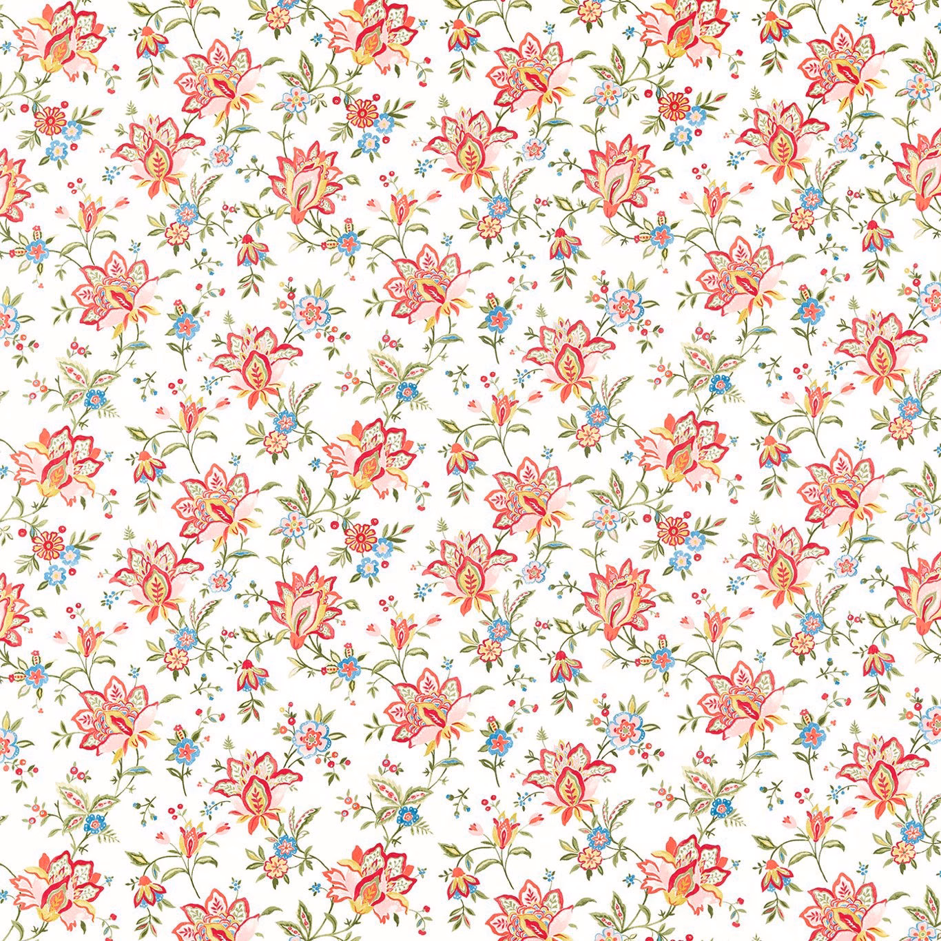 Cream floral fabric with coral blooms, blue blossoms and fine green stems