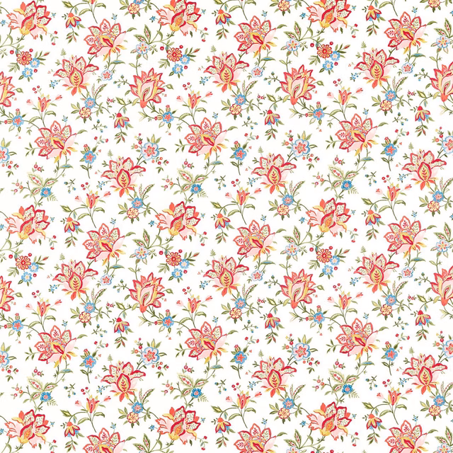 Cream floral fabric with coral blooms, blue blossoms and fine green stems