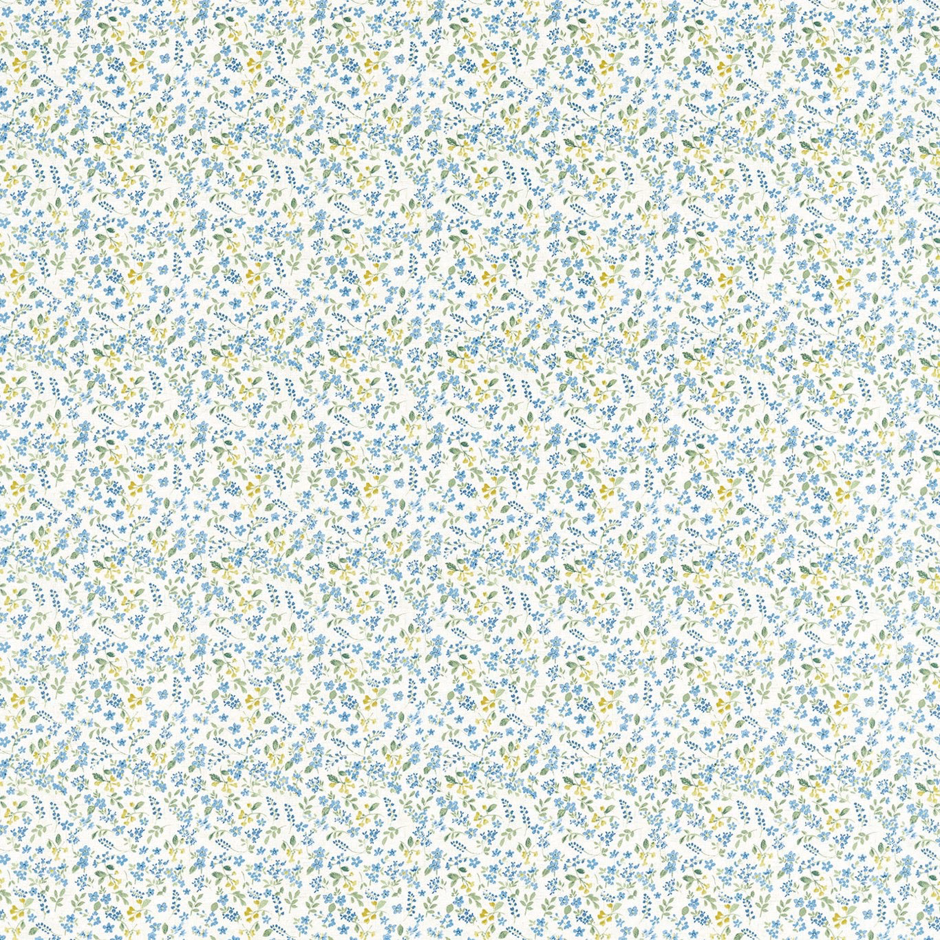 Cream fabric with dense tiny denim-blue floral sprigs and pale yellow-green accents