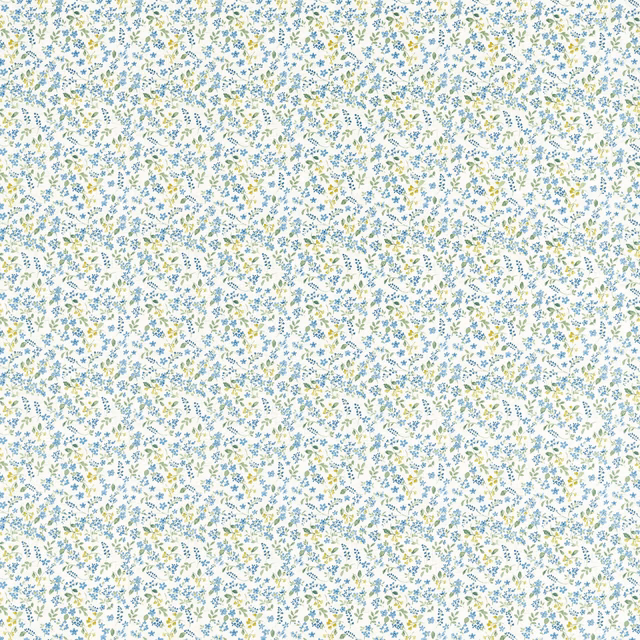 Cream fabric with dense tiny denim-blue floral sprigs and pale yellow-green accents