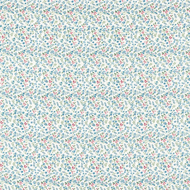 Pale mineral fabric with tiny teal, green and rouge scattered floral sprigs
