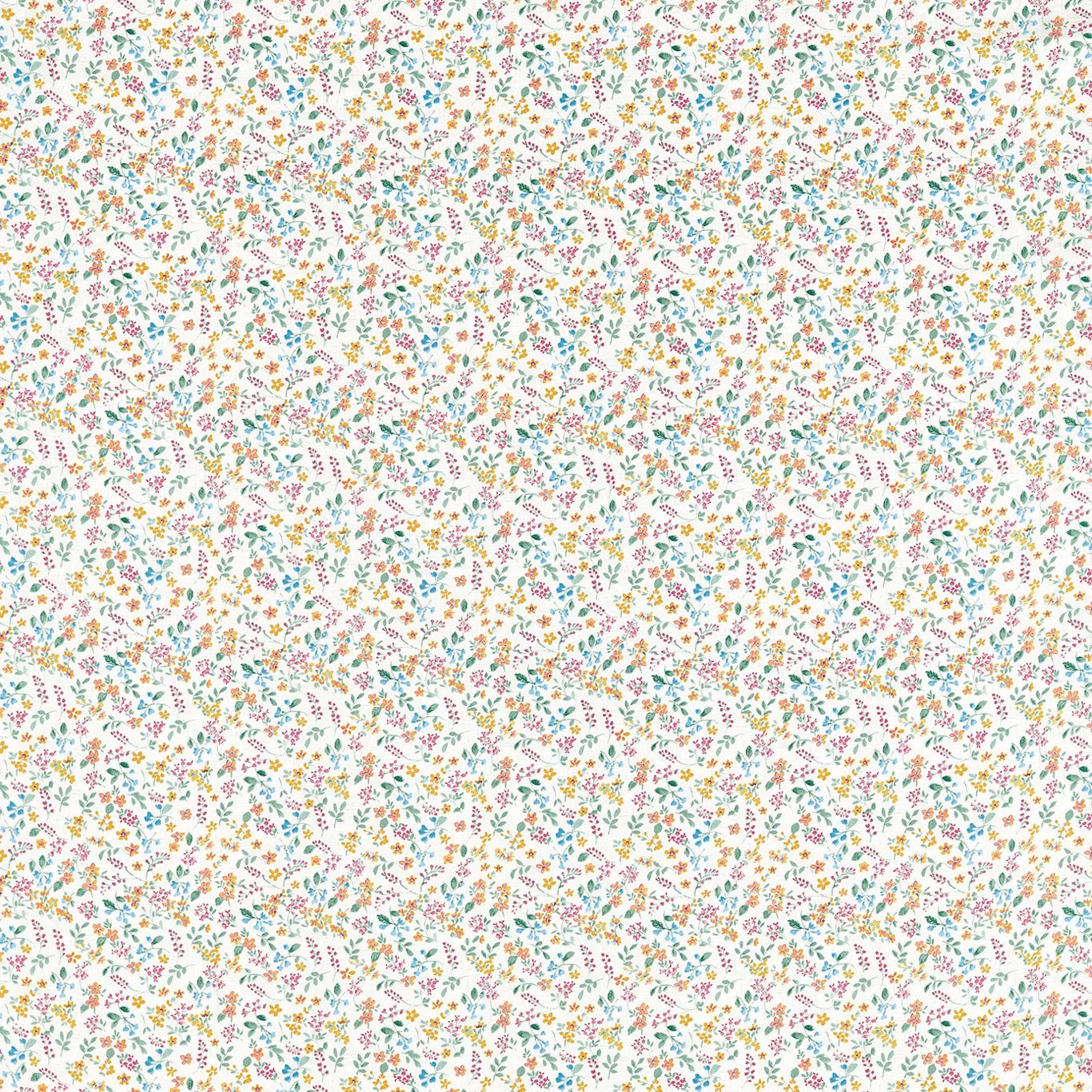 Dense tiny floral sprigs in coral, turquoise, green and yellow on a pale ground