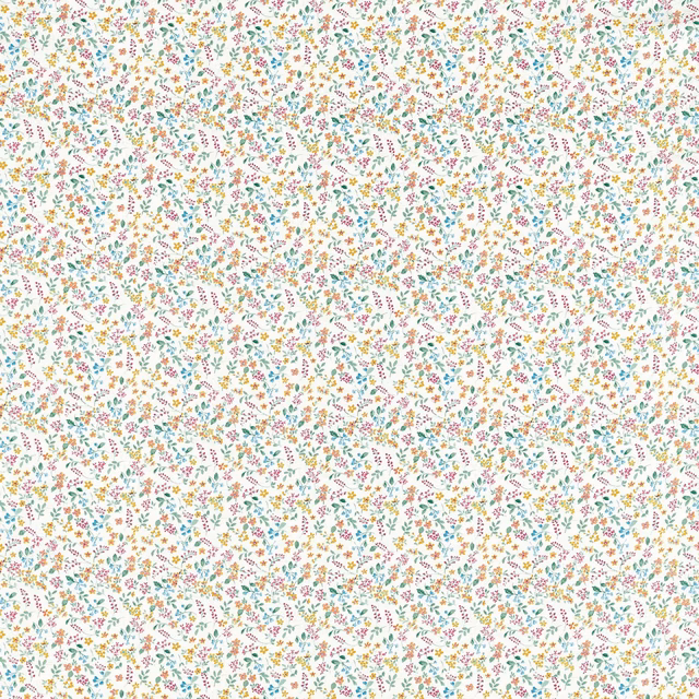 Dense tiny floral sprigs in coral, turquoise, green and yellow on a pale ground