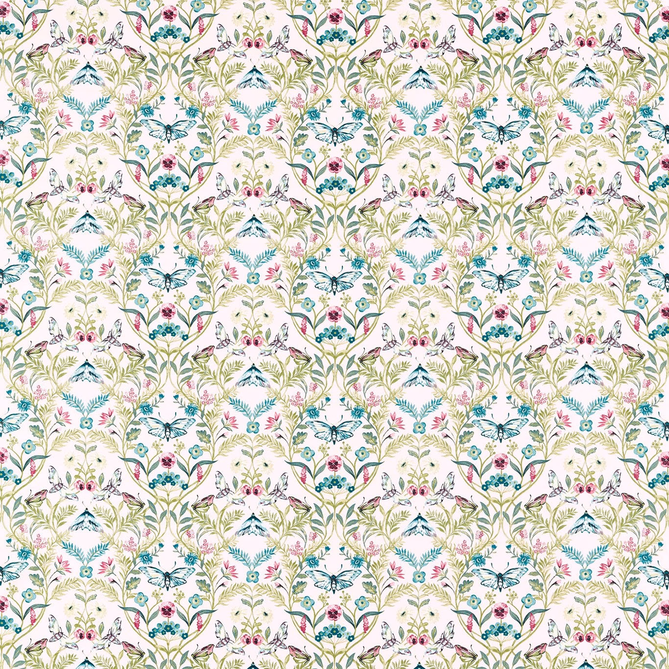 Blush cream botanical fabric with teal flowers, birds, fine foliage and pink accents