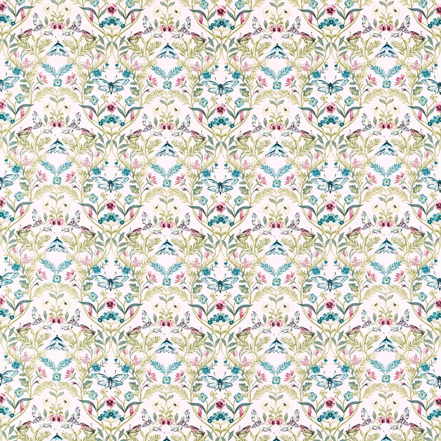 Blush cream botanical fabric with teal flowers, birds, fine foliage and pink accents