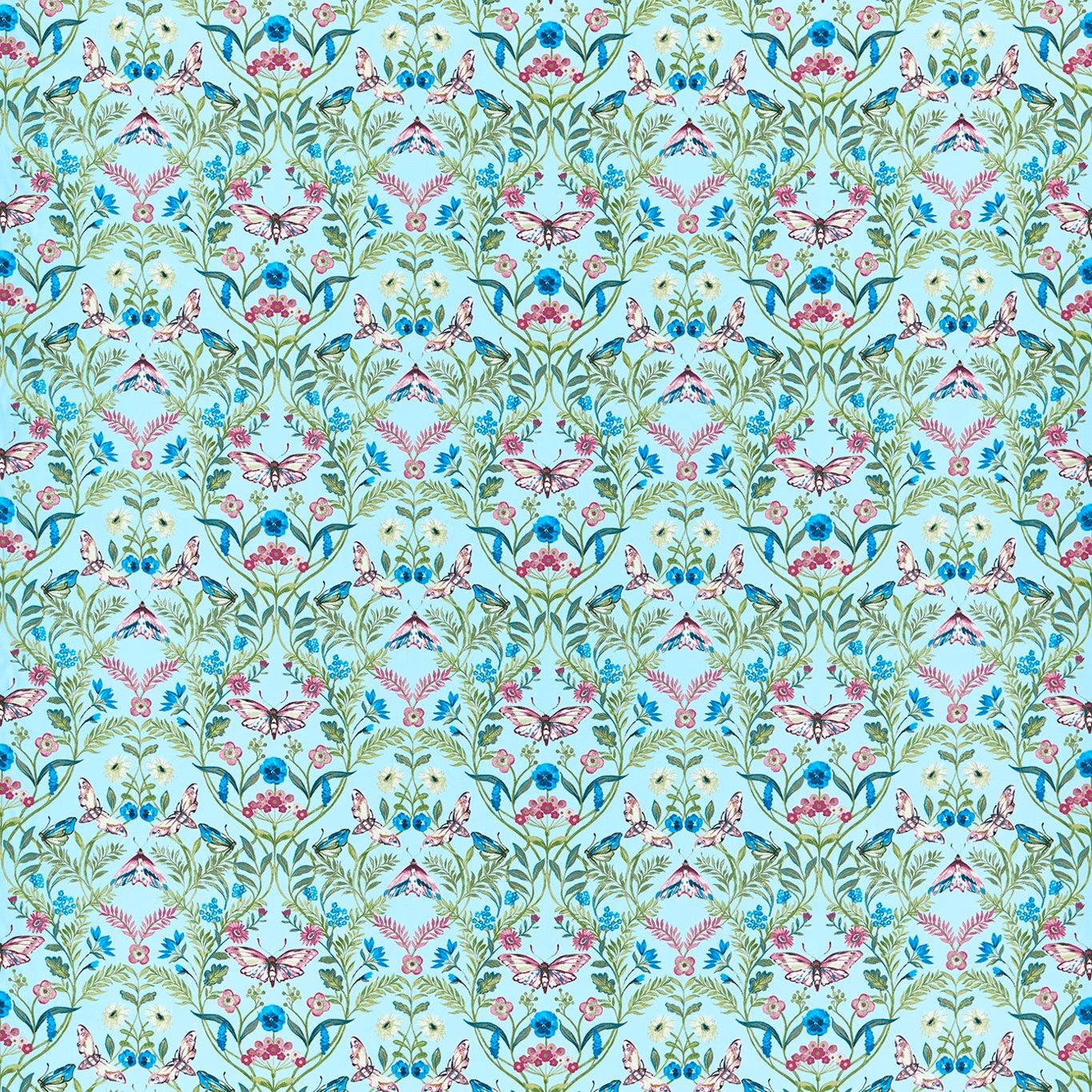 Cool mineral-aqua botanical fabric with turquoise leaves, pink flowers, birds and butterflies