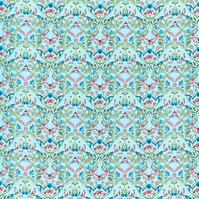 Cool mineral-aqua botanical fabric with turquoise leaves, pink flowers, birds and butterflies