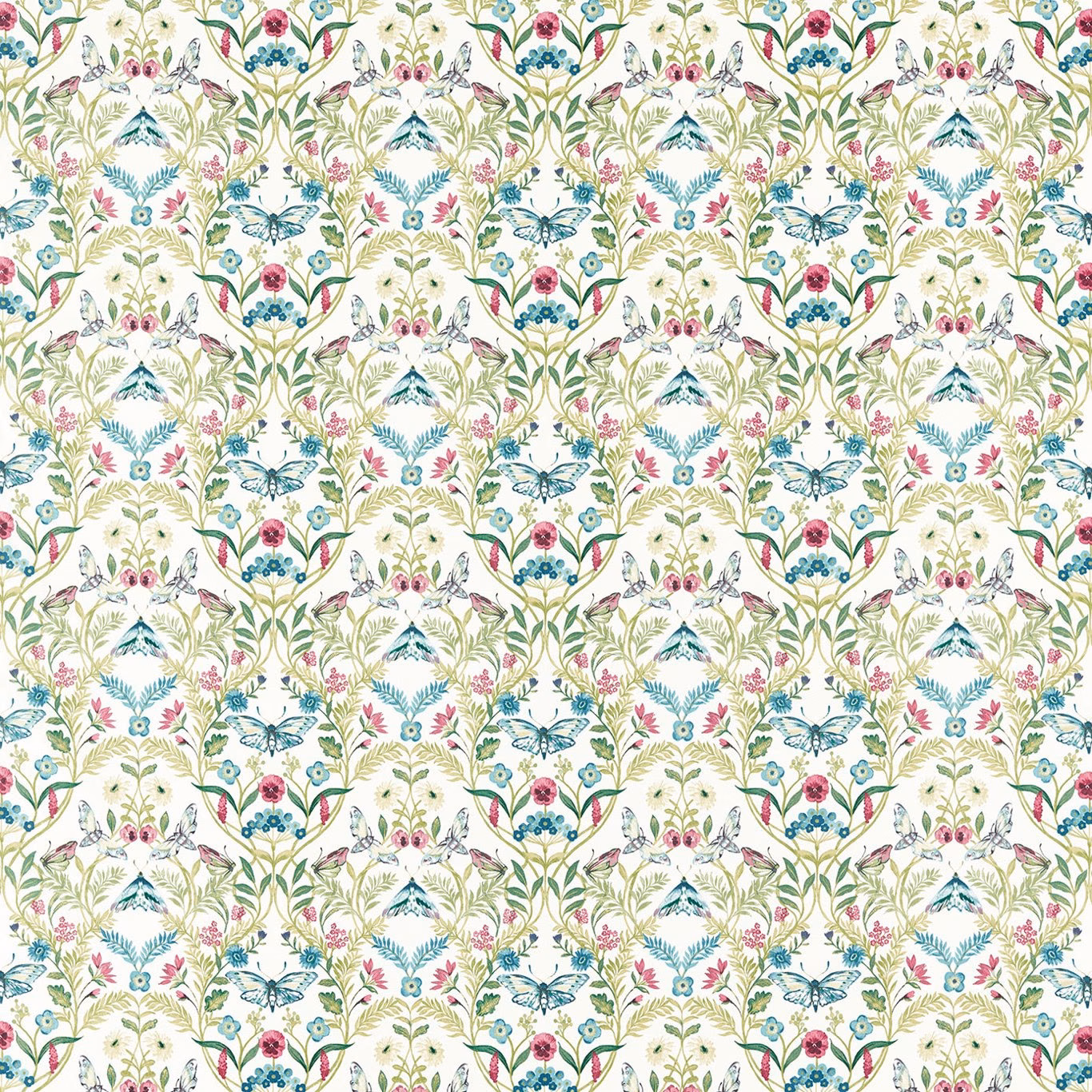 Cream-ground botanical repeat with teal foliage, pink blooms and blue accents