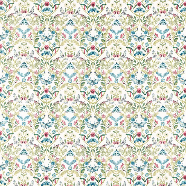 Cream-ground botanical repeat with teal foliage, pink blooms and blue accents