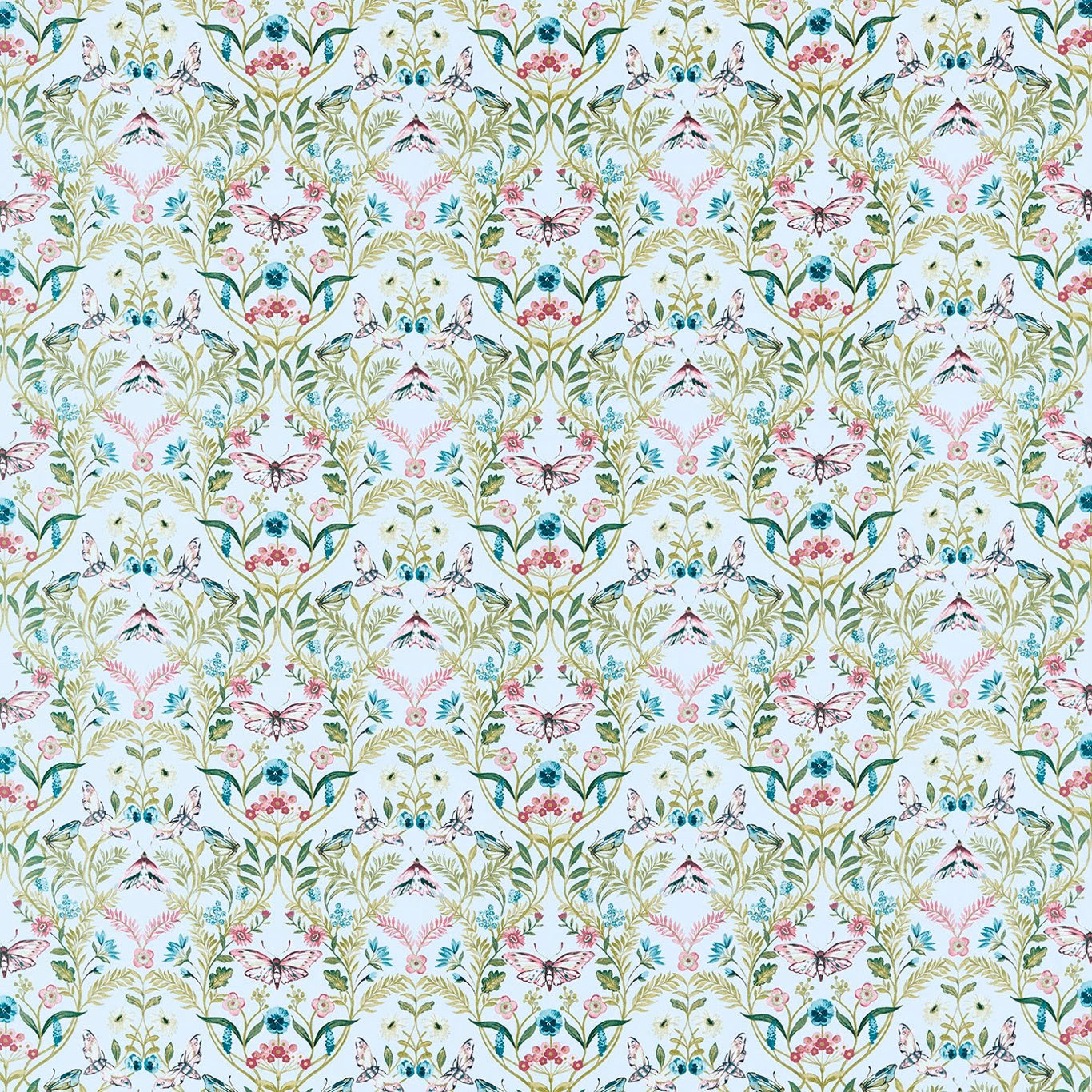 Pale blue-grey botanical fabric with green foliage, pink flowers and tiny birds