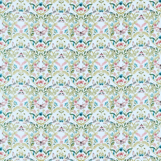 Pale blue-grey botanical fabric with green foliage, pink flowers and tiny birds