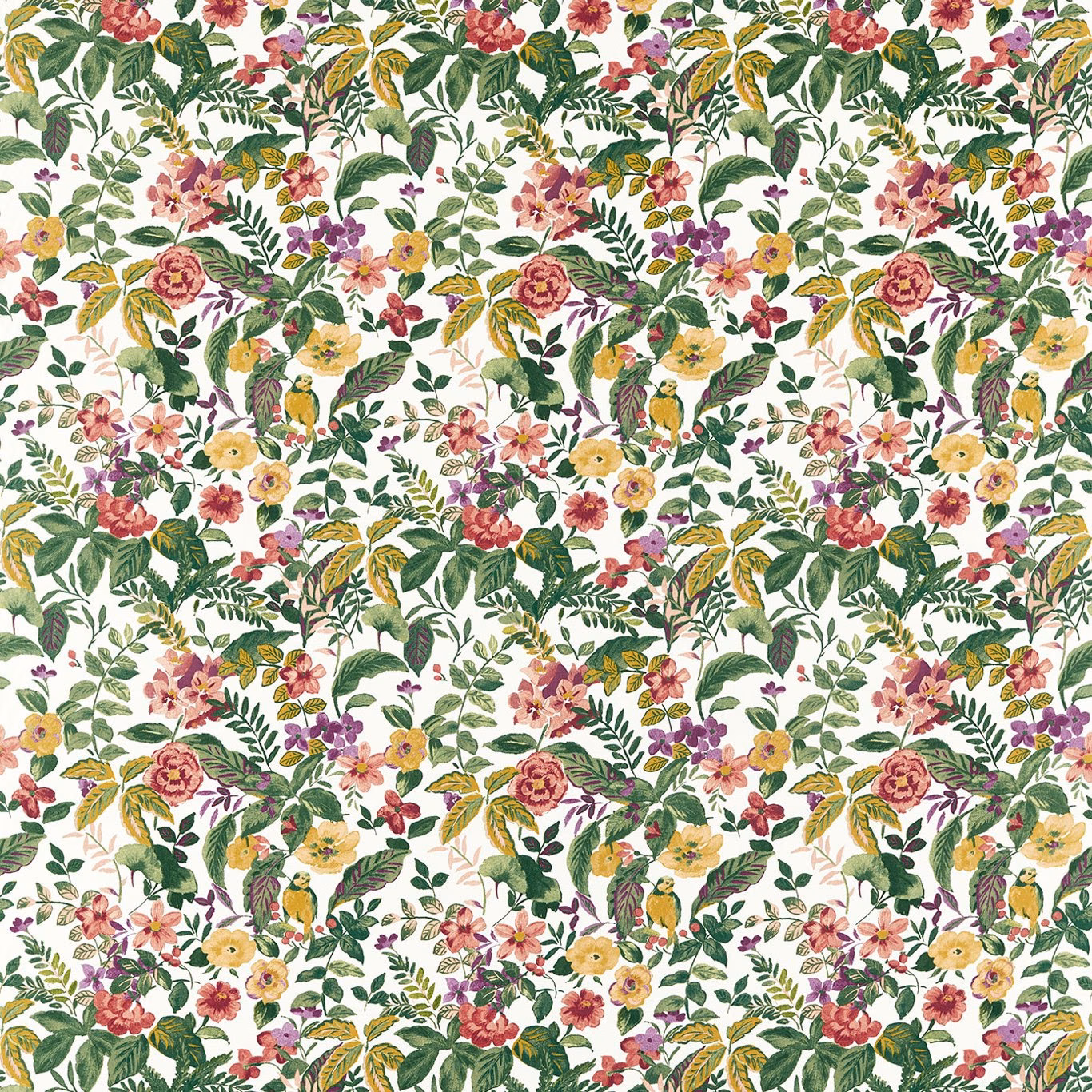 Cream-ground floral repeat with leafy green sprigs and warm red, yellow and purple blooms