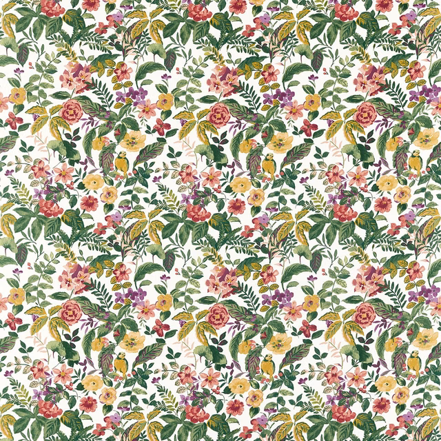 Cream-ground floral repeat with leafy green sprigs and warm red, yellow and purple blooms