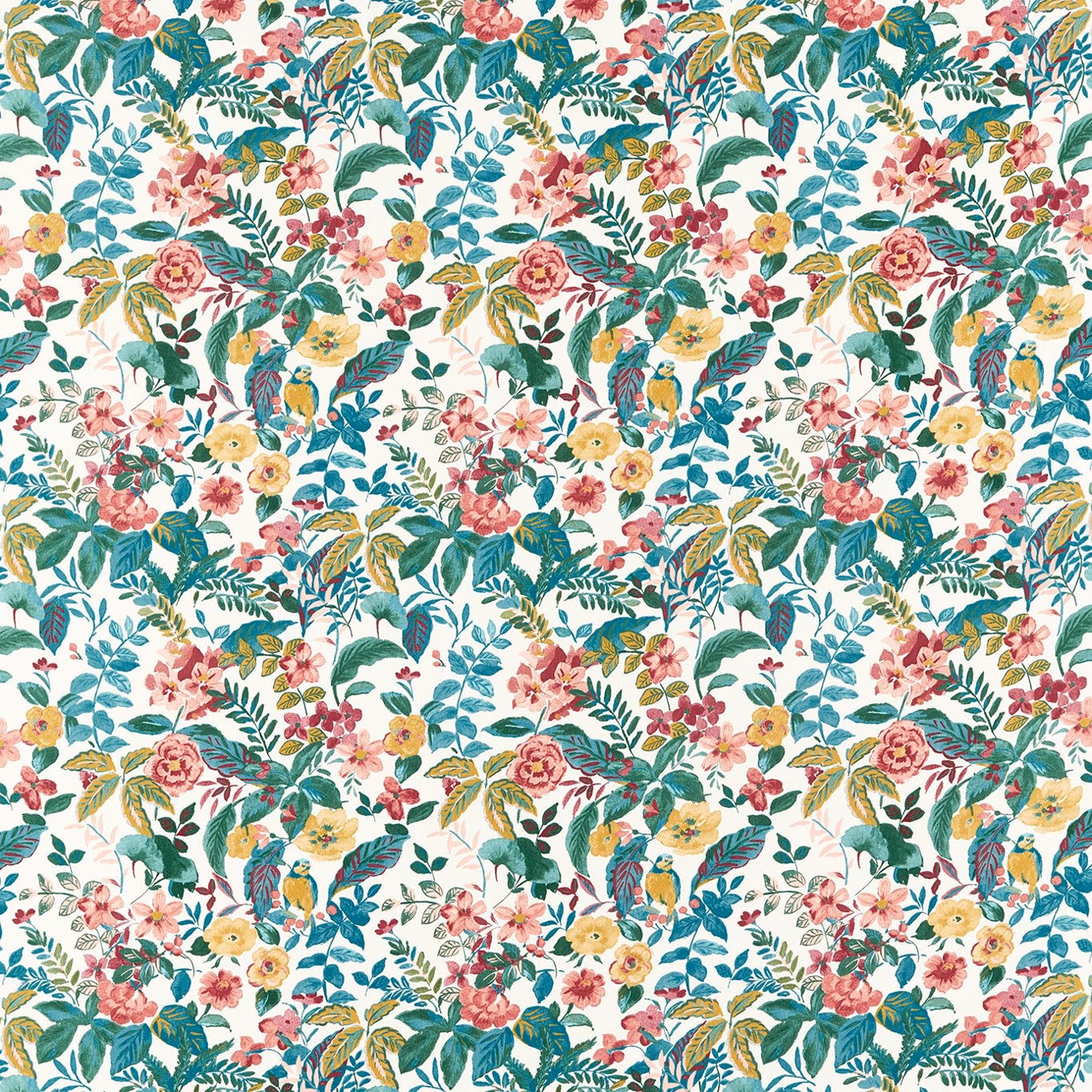 Blush floral fabric with teal leaves, coral flowers, yellow blooms and perched birds