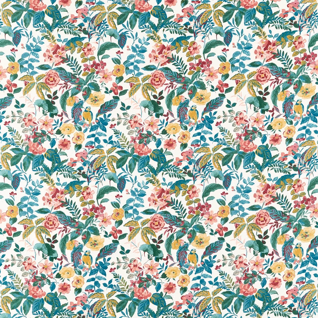 Blush floral fabric with teal leaves, coral flowers, yellow blooms and perched birds