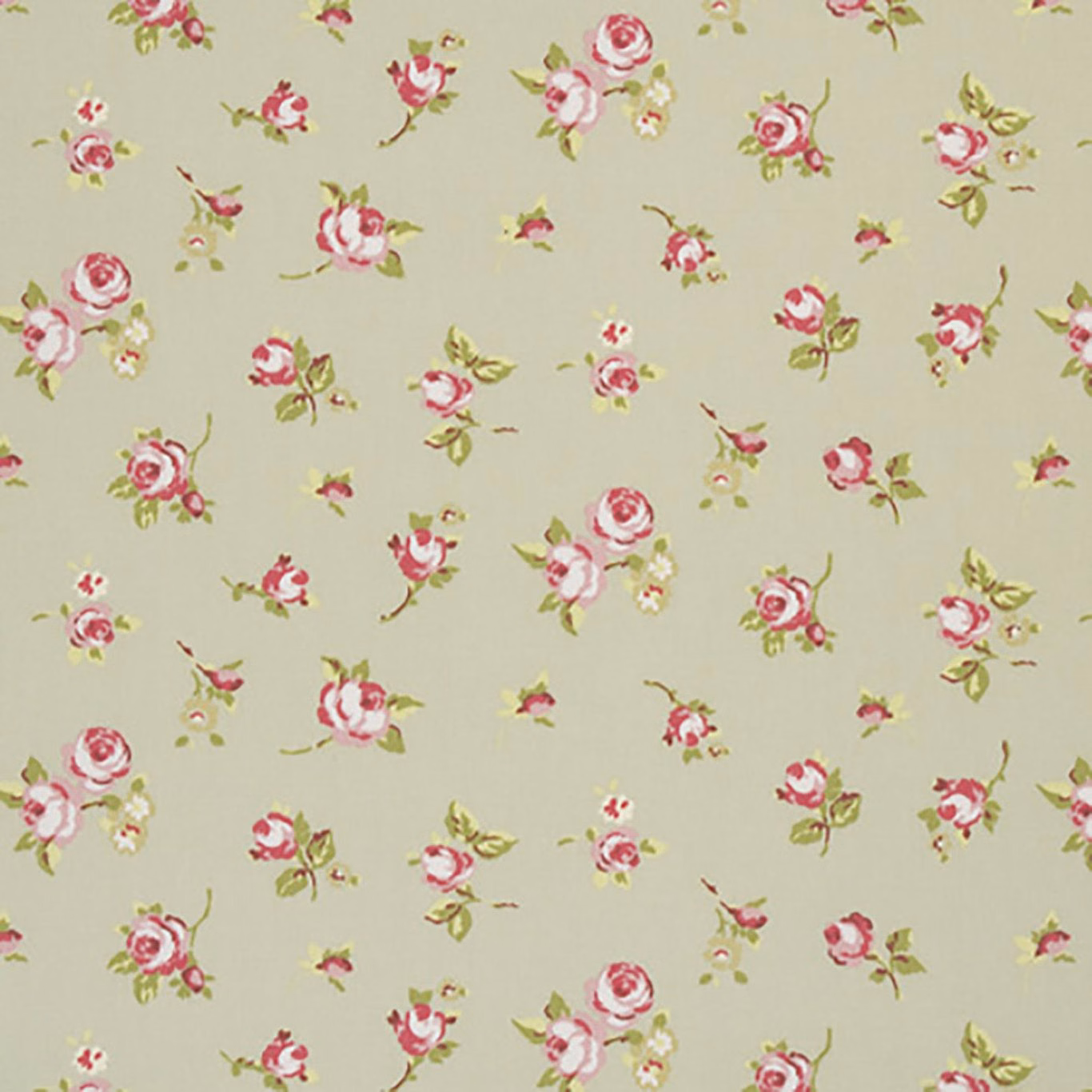 Muted sage floral ground with scattered pink roses, buds and olive-green leaves