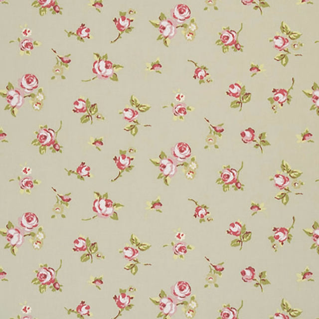Muted sage floral ground with scattered pink roses, buds and olive-green leaves