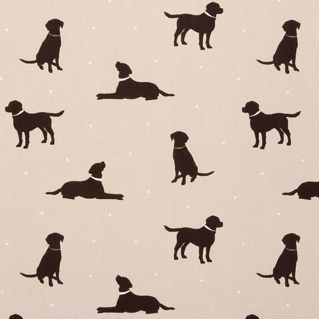 Warm beige fabric with scattered dark dog silhouettes and tiny white dots
