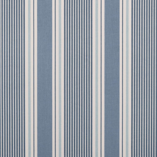Blue-grey and cream vertical stripes with fine charcoal lines and tactile woven texture