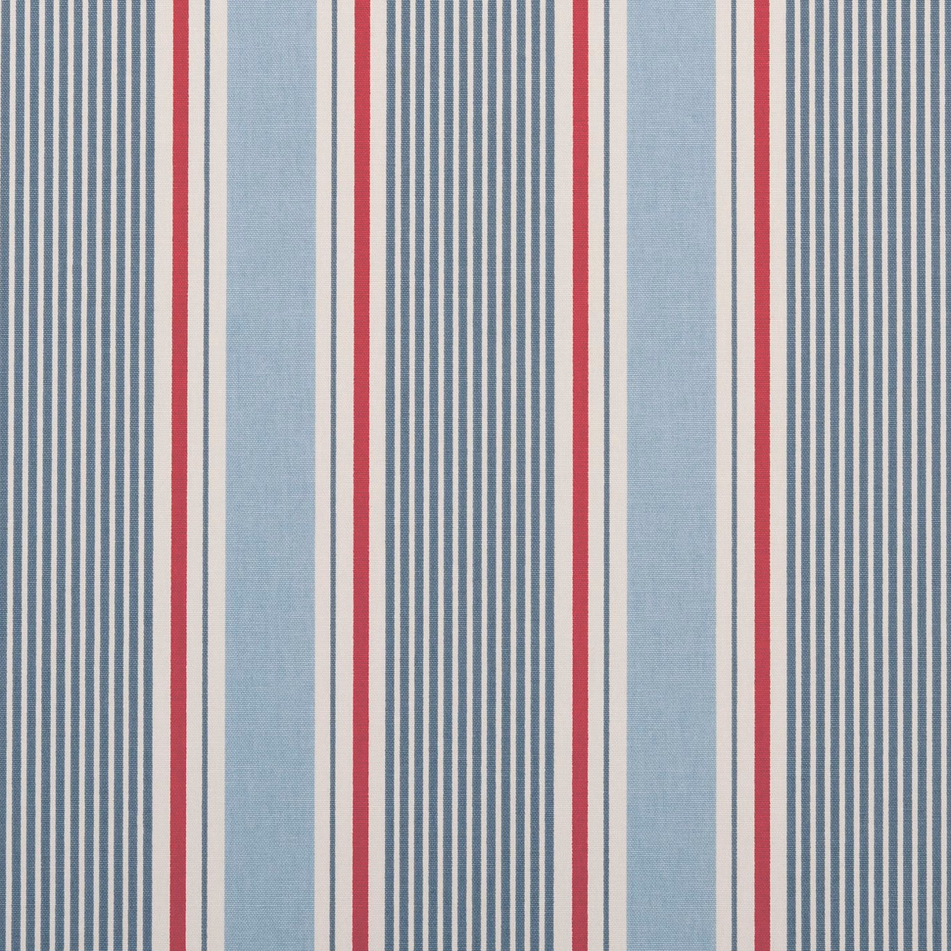 Cool pale-blue ground with marine pinstripes, cream bands and vivid red accents