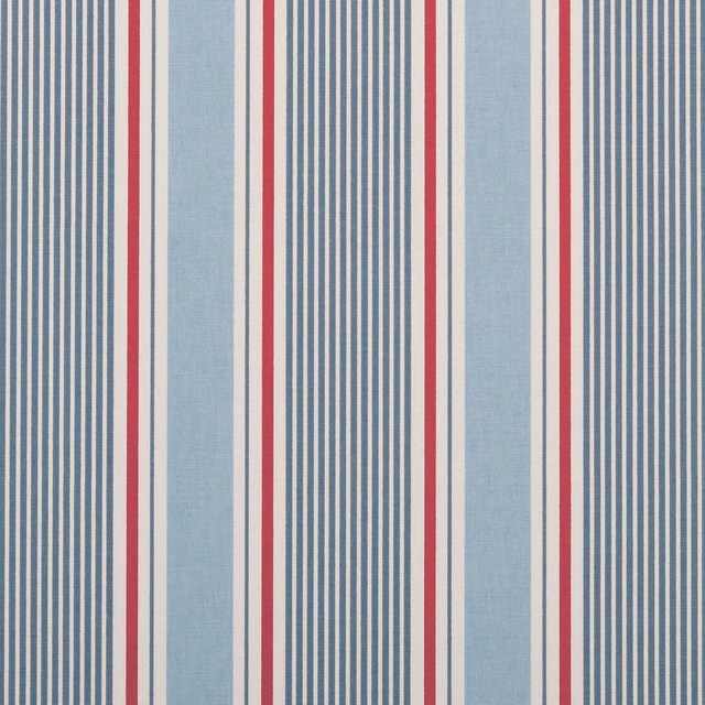 Cool pale-blue ground with marine pinstripes, cream bands and vivid red accents