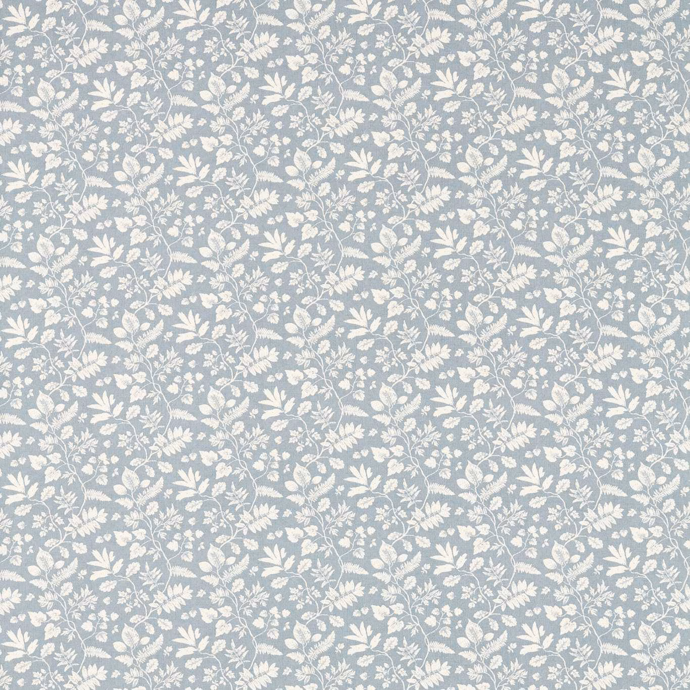 Muted denim-blue floral fabric with ivory leaves and winding botanical sprigs