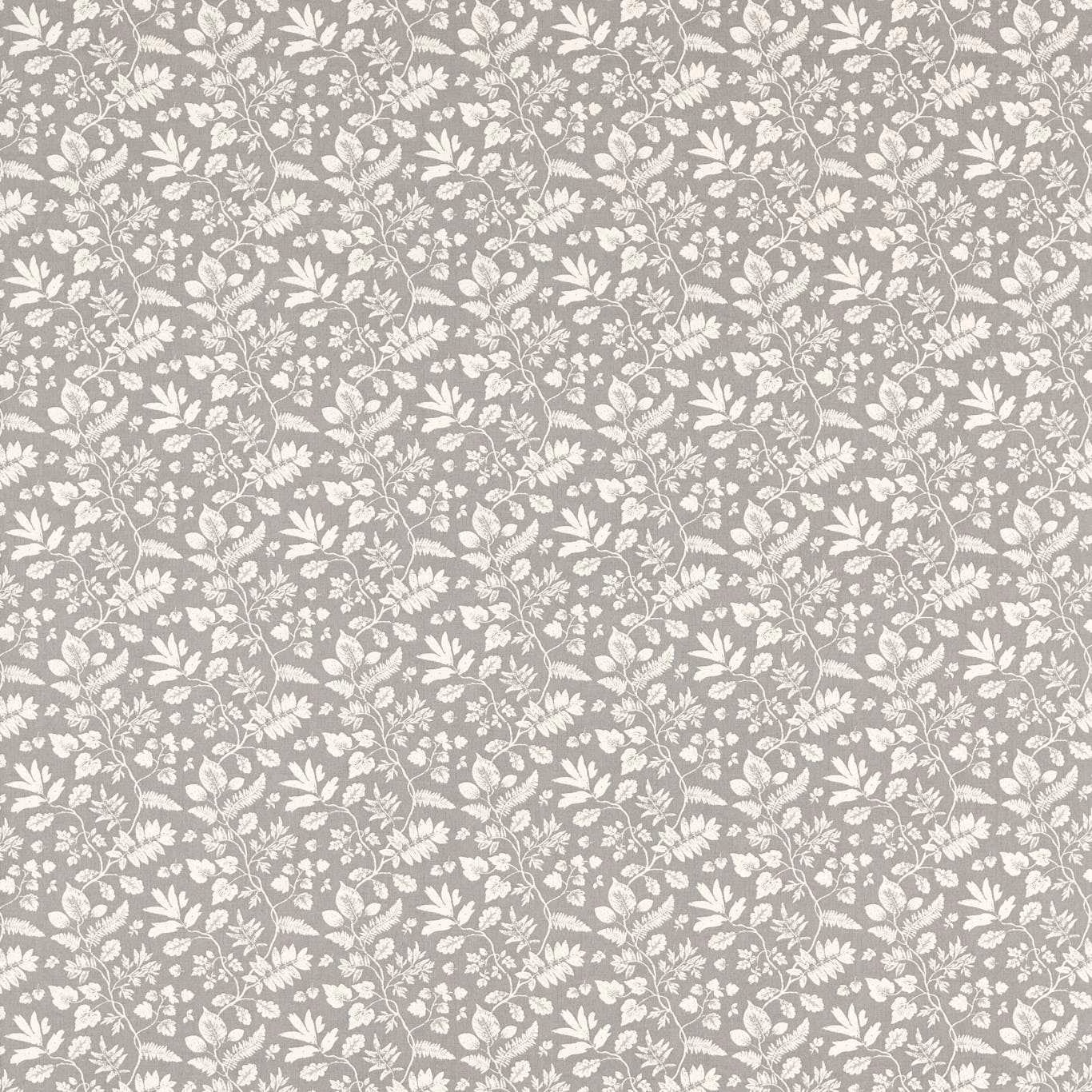Cool graphite-grey fabric with dense ivory leafy sprigs and curling stems