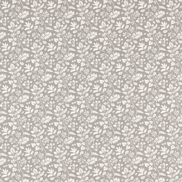 Cool graphite-grey fabric with dense ivory leafy sprigs and curling stems