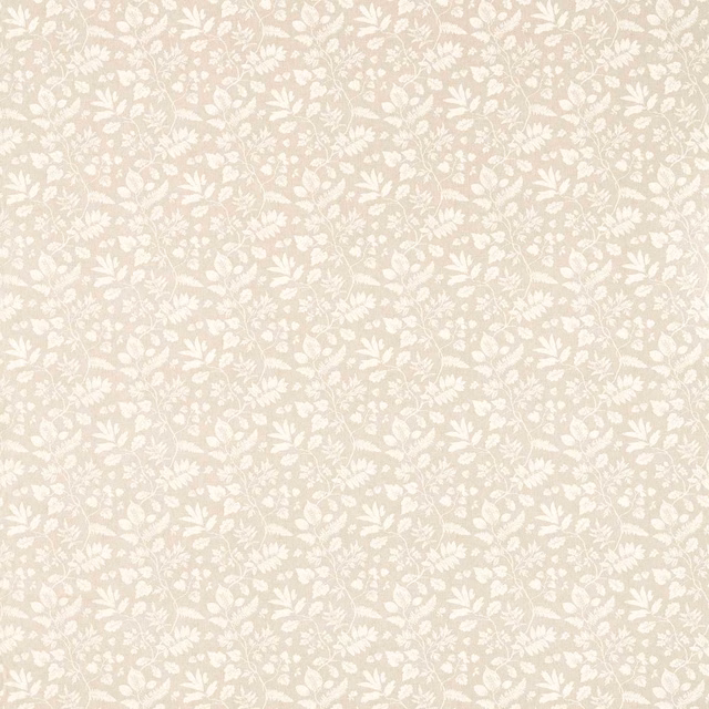 Warm beige floral textile with delicate ivory sprigs and a softly woven appearance