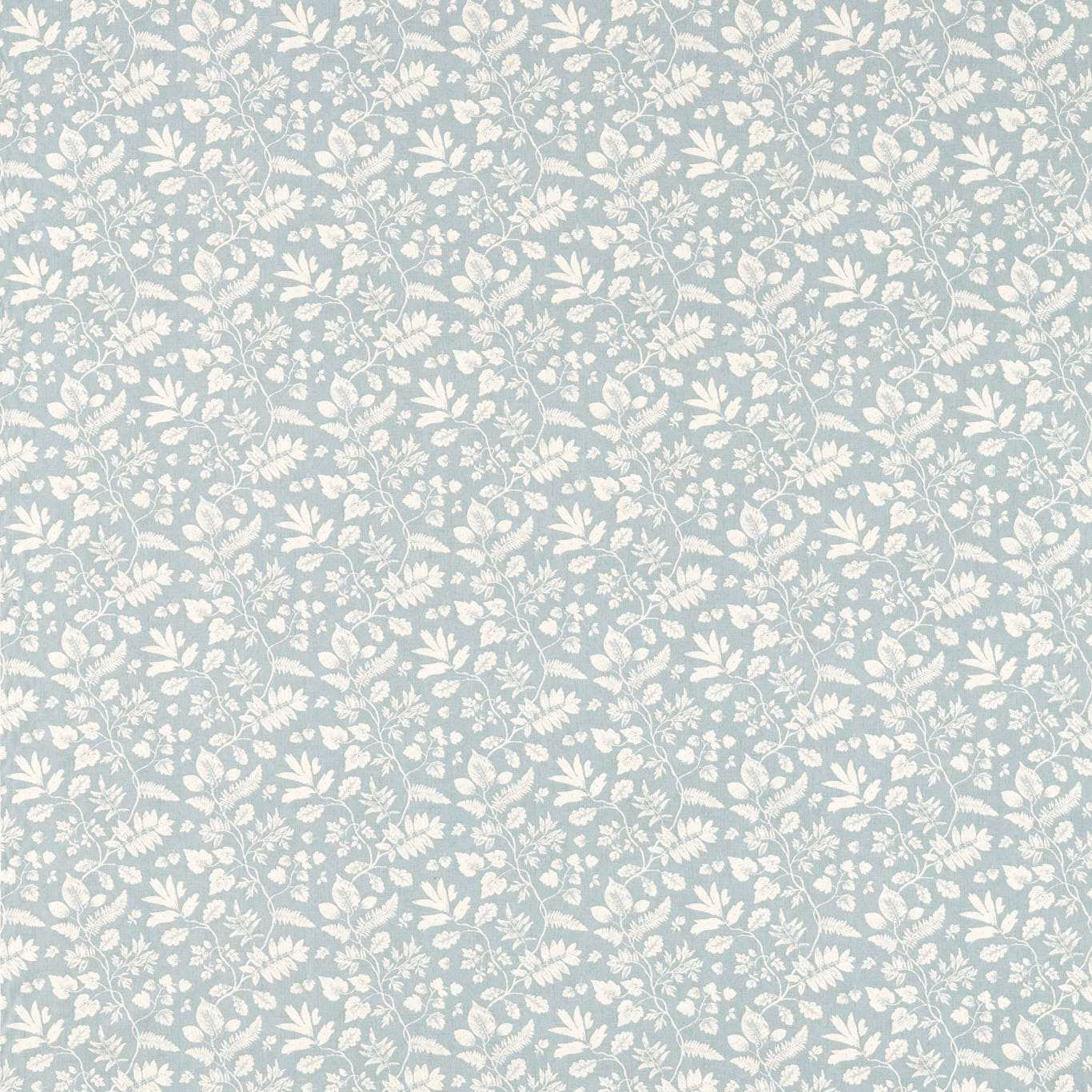 Pale mineral blue-grey fabric with ivory leafy stems and small floral motifs