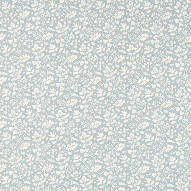 Pale mineral blue-grey fabric with ivory leafy stems and small floral motifs