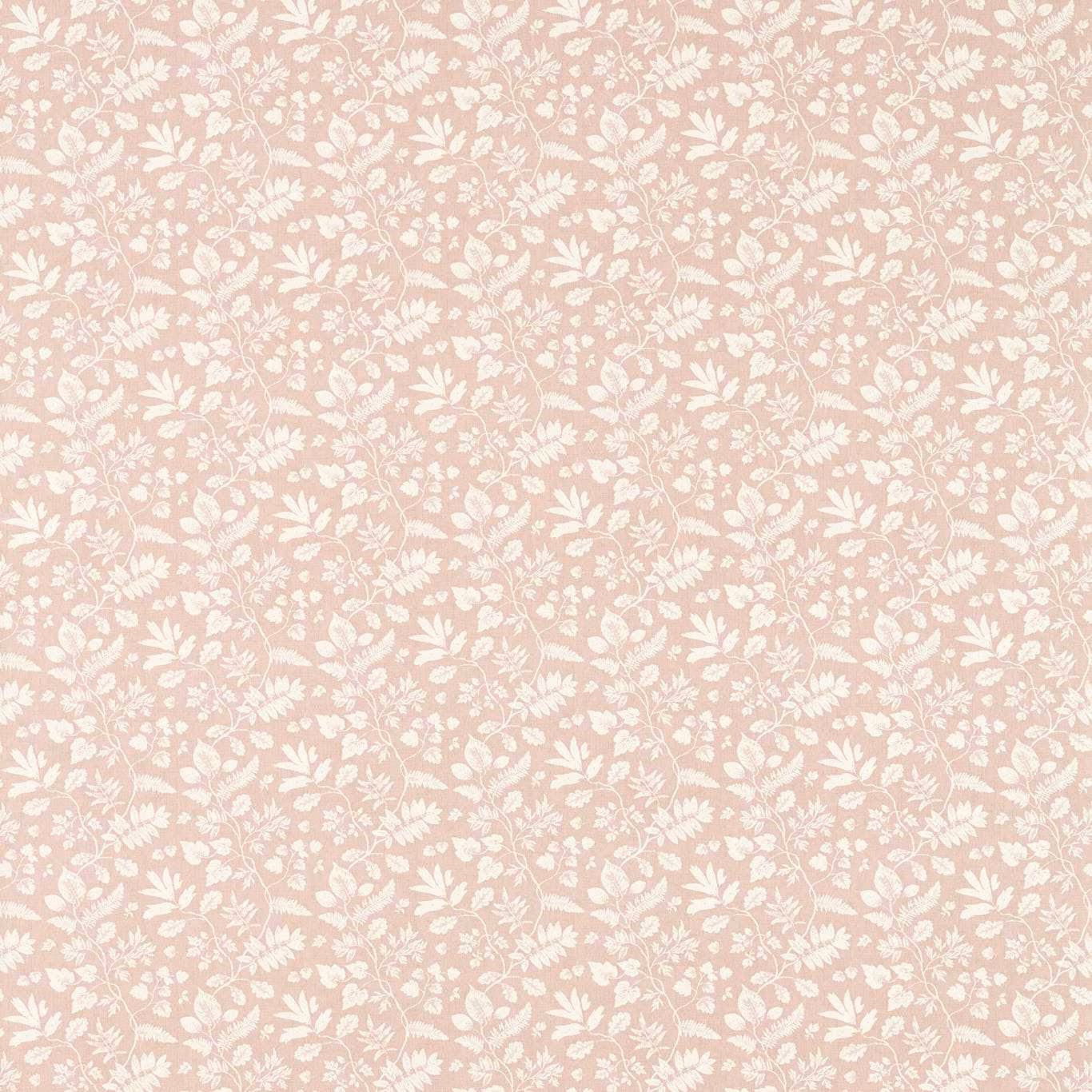 Dusty blush pink fabric with dense ivory leafy stems, blossoms and fine linen-like texture