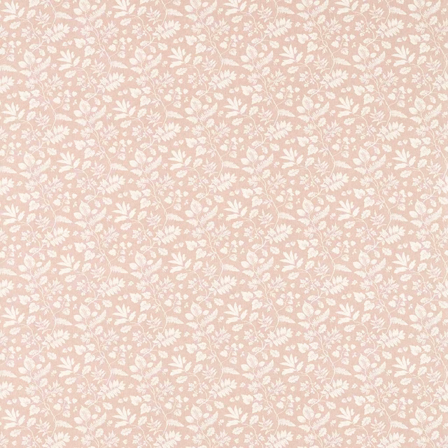Dusty blush pink fabric with dense ivory leafy stems, blossoms and fine linen-like texture