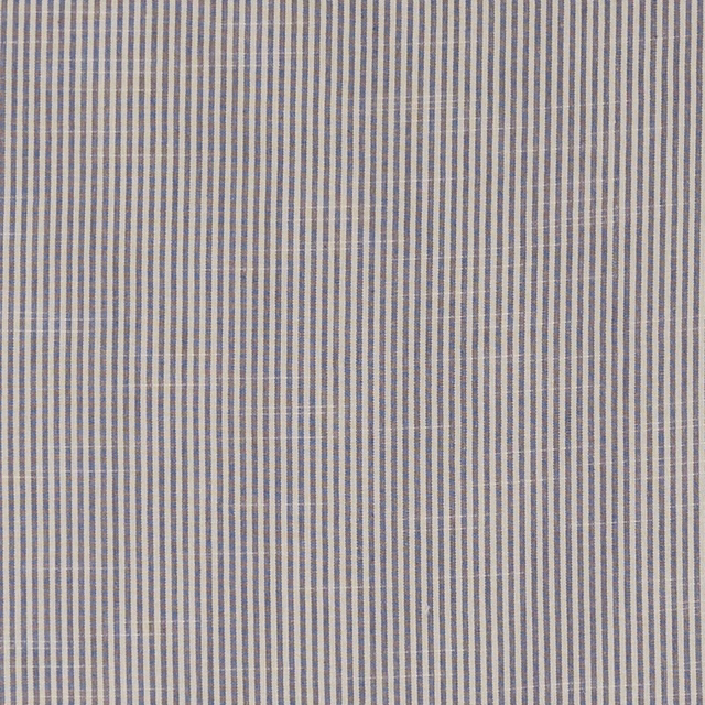 Fine vertical denim-blue and pale cream stripes with a softly textured weave